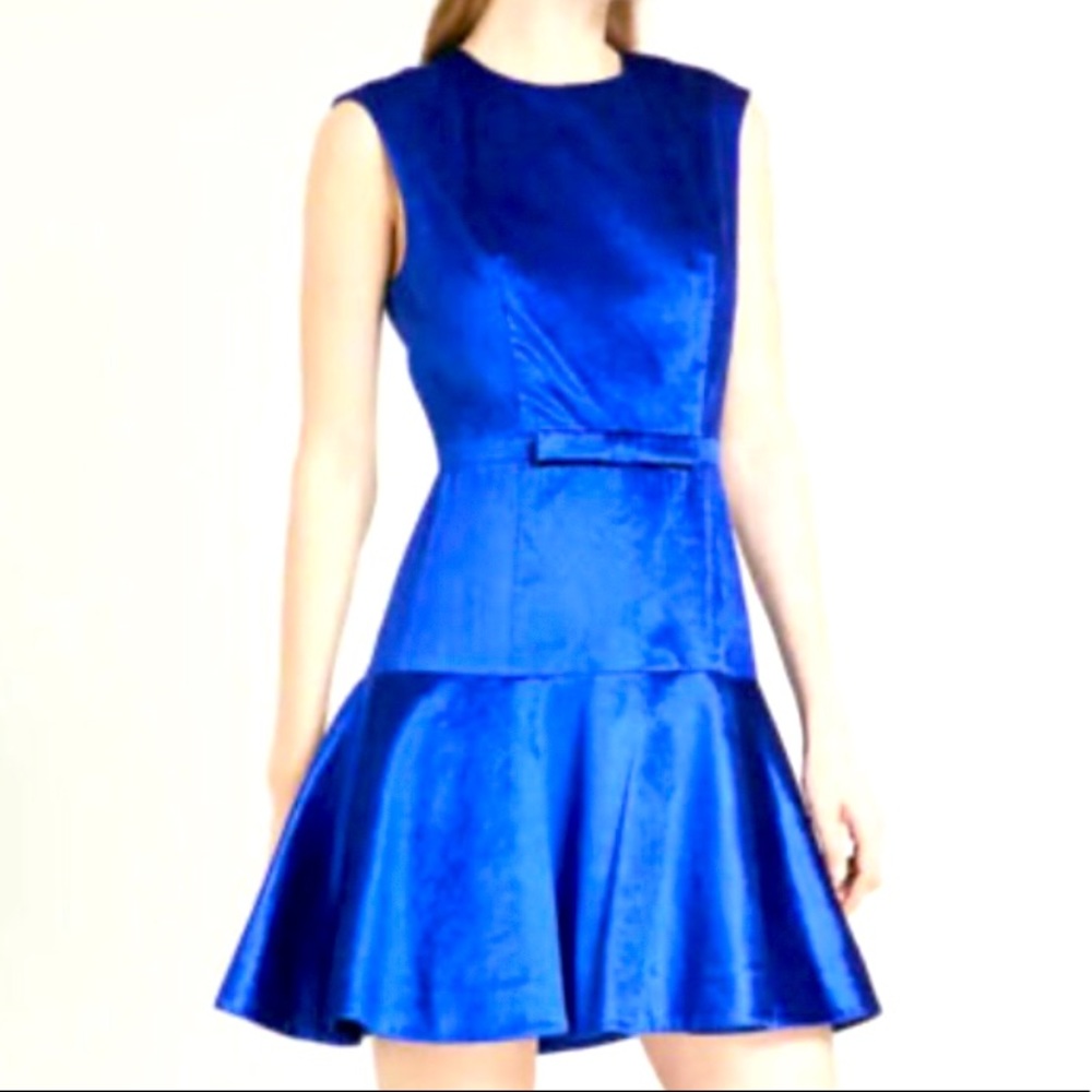NWT TED BAKER 5 US 12 Maryann Fit & Flare Blue Velvet Ruffle Bow Hem Dress